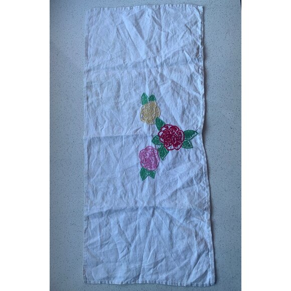 Hand Embroidered Roses Linen Table Runner Red Pink Yellow - Picture 2 of 4
